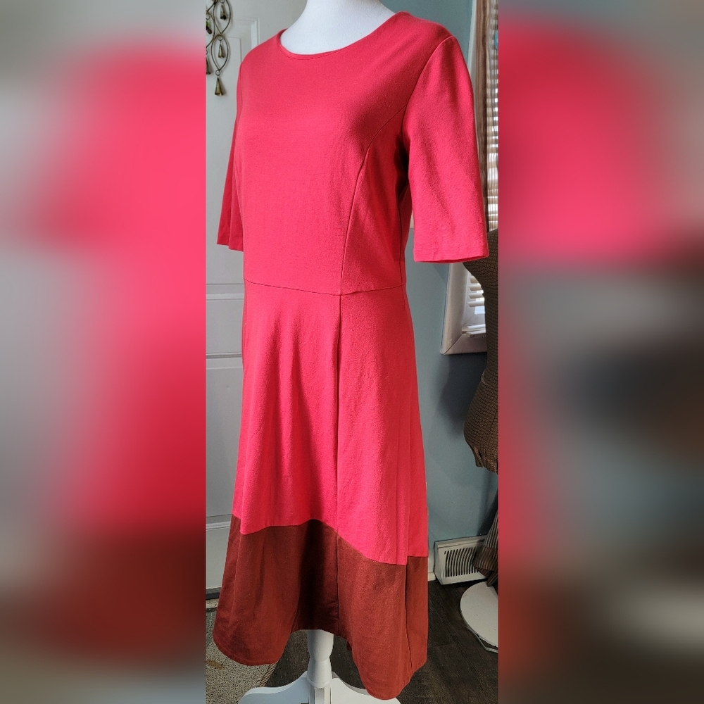 Boden Wren Ponte Jersey Knit Midi Dress Womens 8 Pop Peony & Brown High-Low Heam - Picture 1 of 14